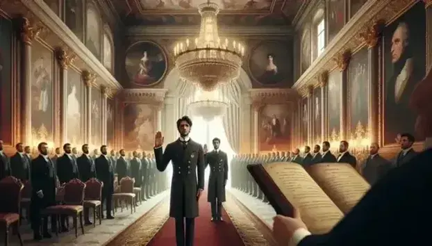 Uomo in abito scuro presta giuramento con mano destra alzata in sala storica con affreschi, lampadario di cristallo e bandiera italiana.
