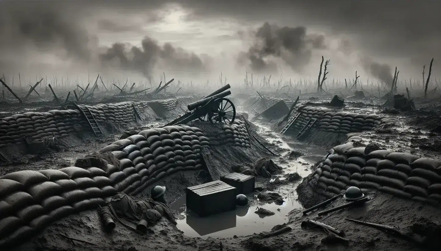 Campo di battaglia della Prima Guerra Mondiale con trincea, filo spinato, caschi militari sparsi, cannone danneggiato e alberi spogli sullo sfondo.