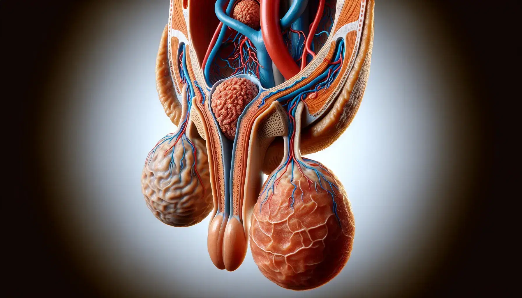 Vista anatómica detallada del sistema reproductor masculino con escroto, testículos, epidídimo, conducto deferente y sección del pene.
