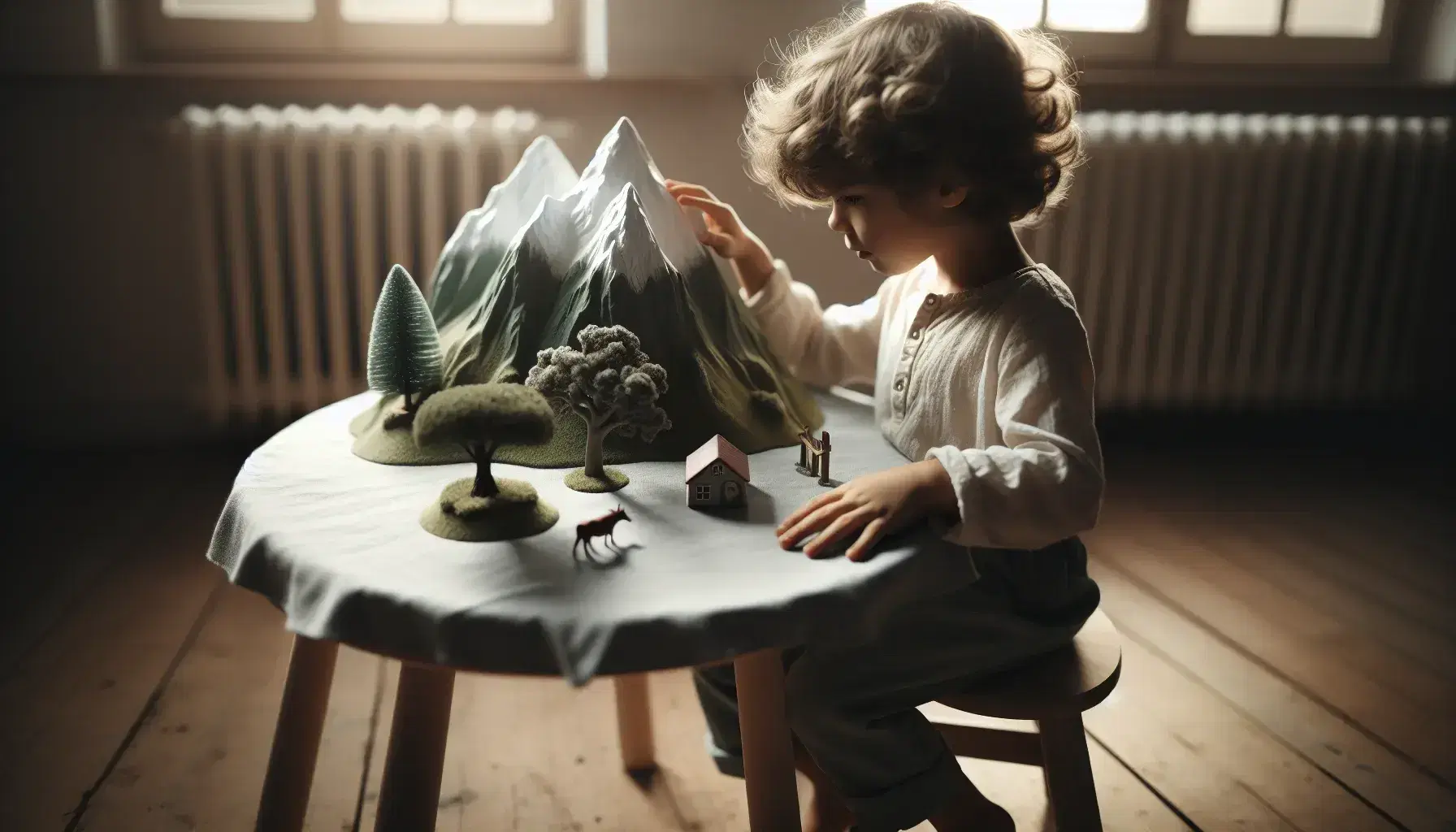 4-5 year old child with short curly hair focuses on a three-dimensional mountain model with small figures on a round table.