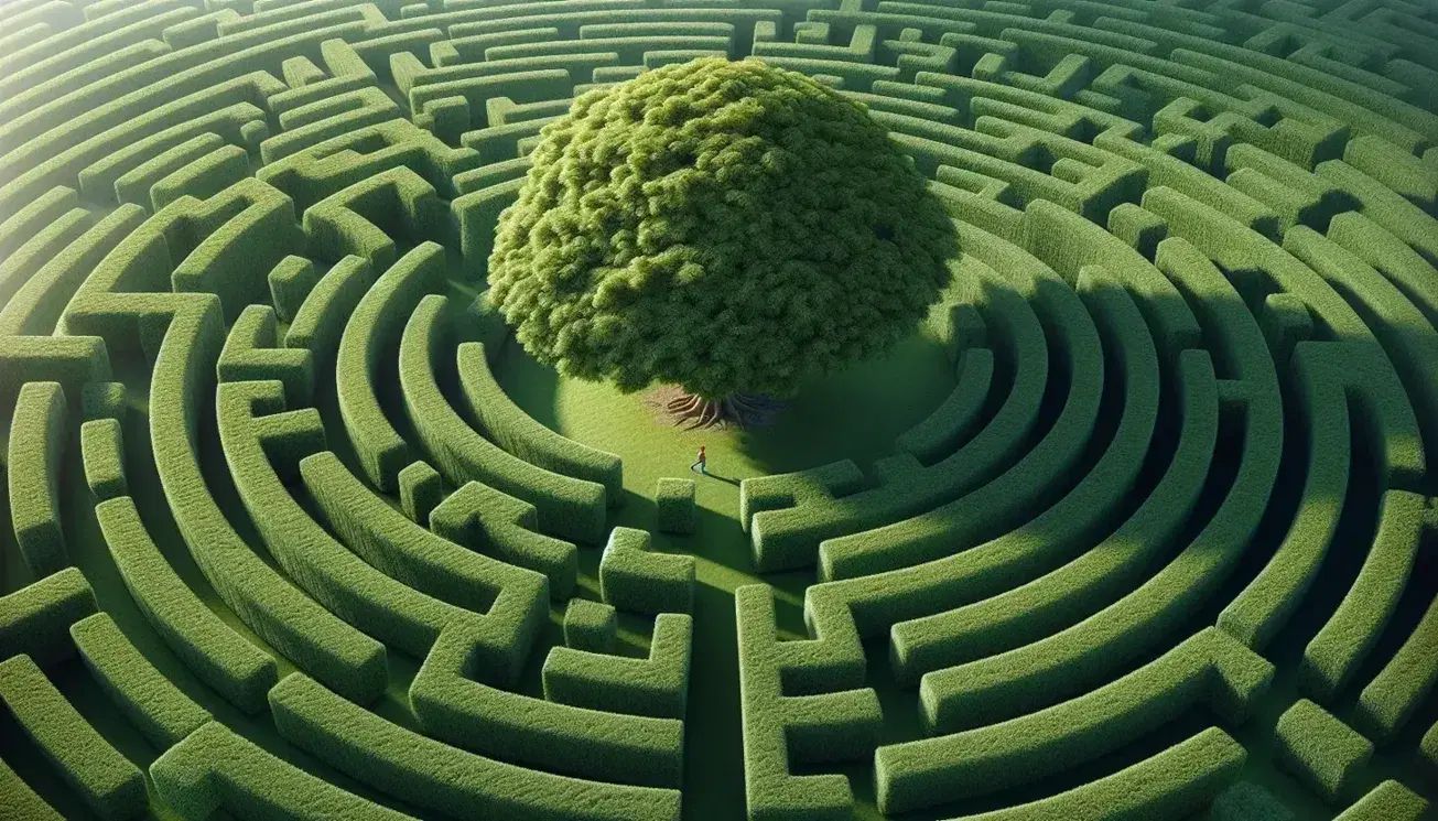 Laberinto de setos verdes con un árbol central y una persona en rojo buscando la salida bajo un cielo despejado.
