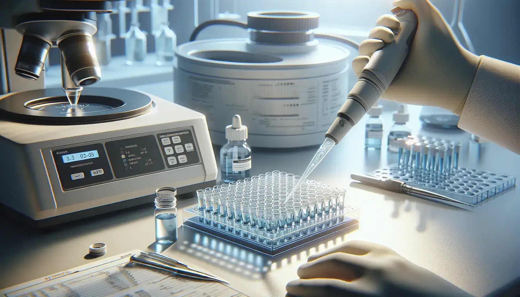 Close-up of a laboratory bench with gloved hand using a pipette to transfer liquid into a microplate, centrifuge and microscope in the background.