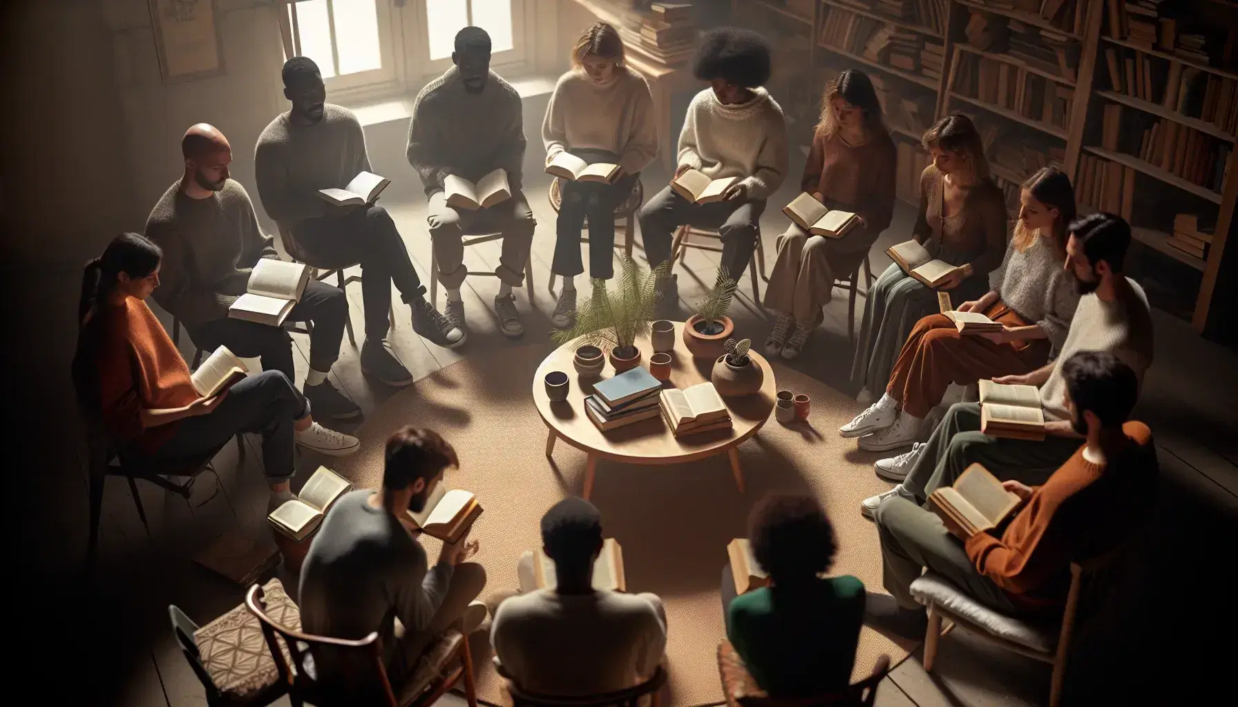 Diverse group engaged in a book club discussion, seated in a cozy room with warm lighting, a coffee table with books and mugs, and abstract art on the walls.