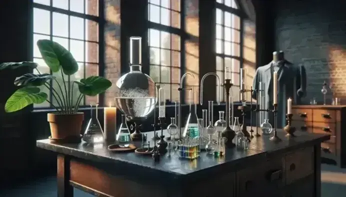 Laboratorio scientifico vintage con attrezzature in vetro, uomo in camice osserva reazioni chimiche accanto a candela accesa e pianta verde.