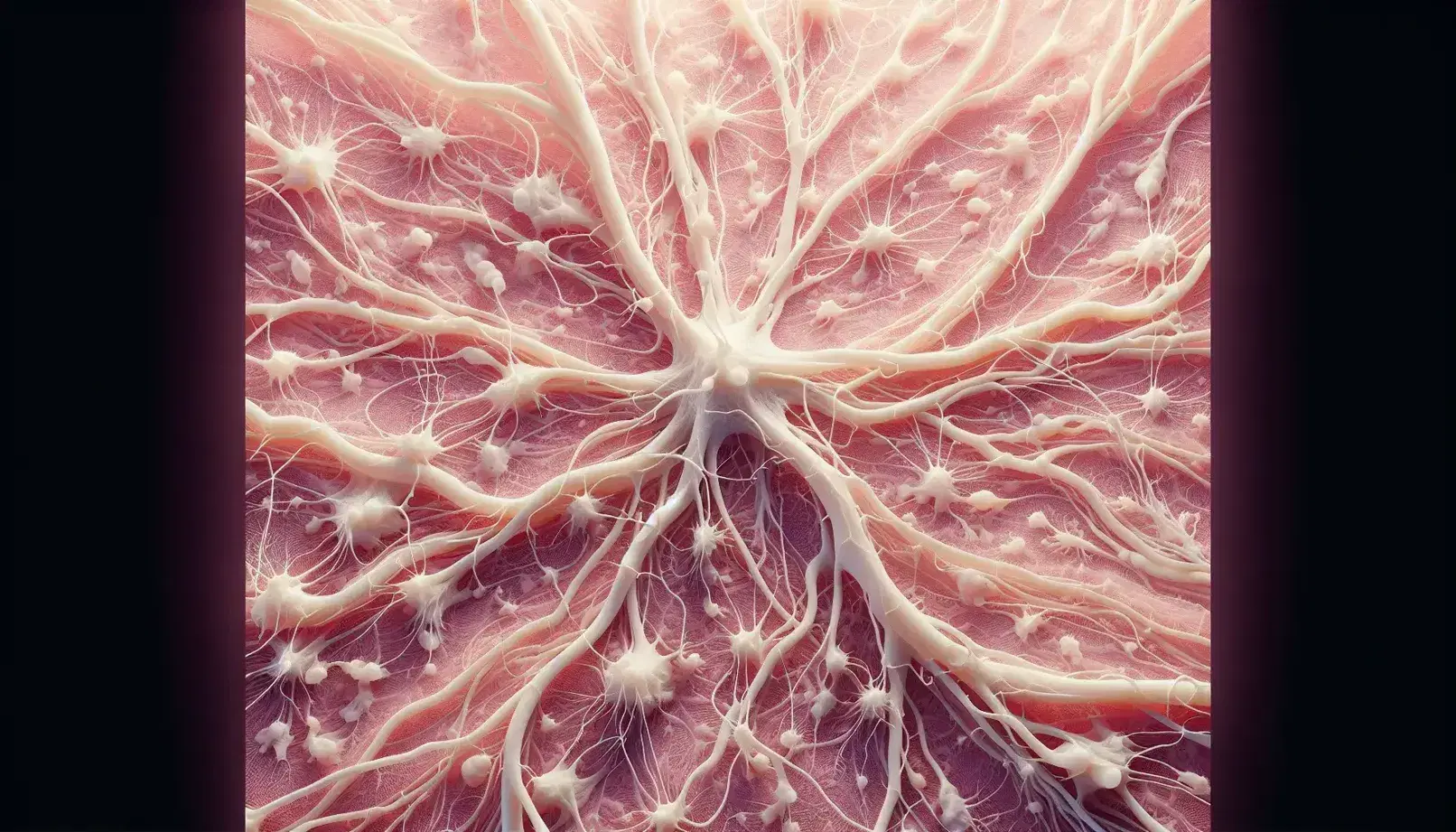 Red de nervios intrincada sobre tejido rosado translúcido con filamentos blancos entrelazados destacándose por su complejidad y detalle.