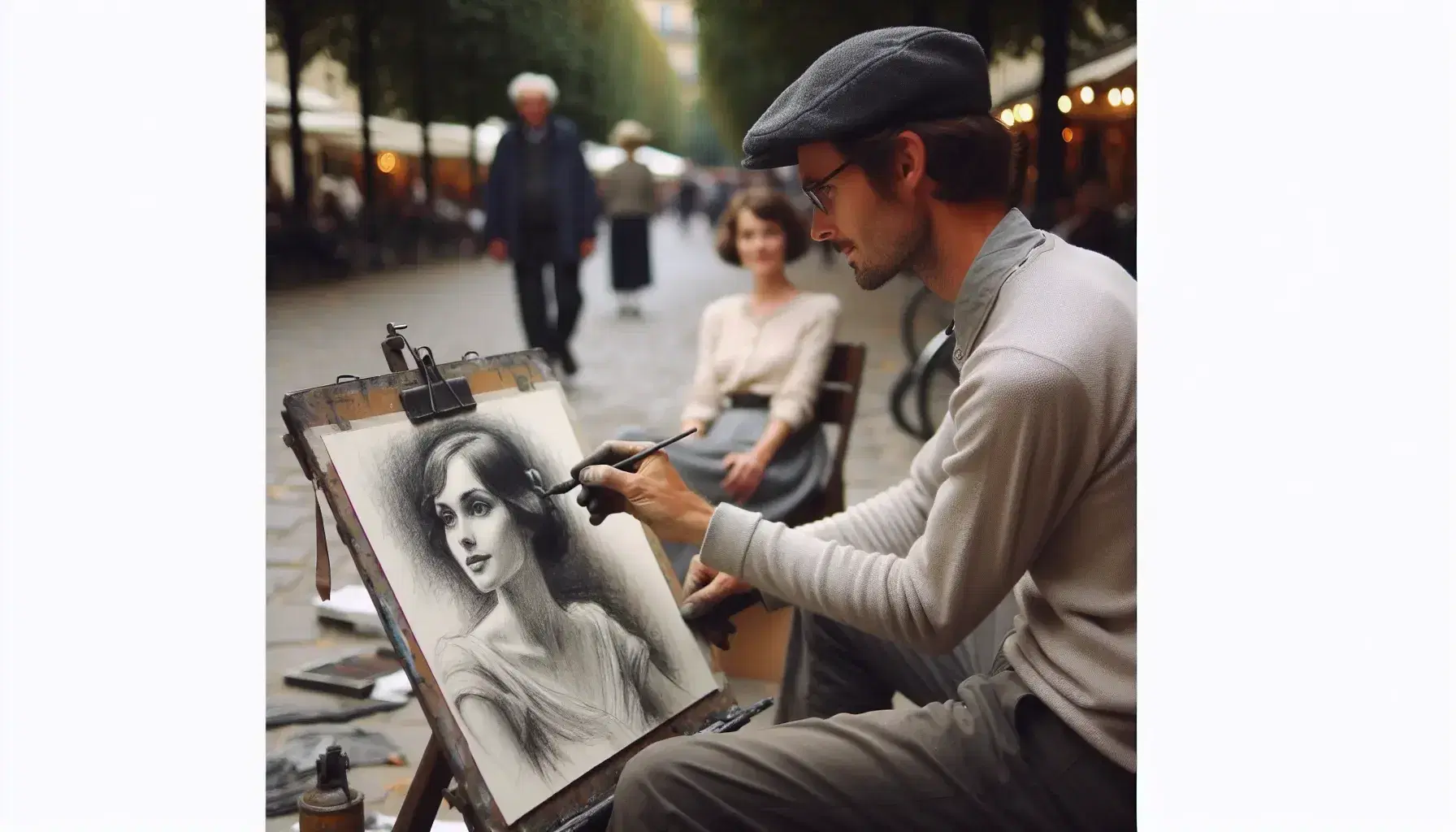 Artista di strada realizza ritratto a carboncino di donna seduta all'aperto, con persone sfocate sullo sfondo.