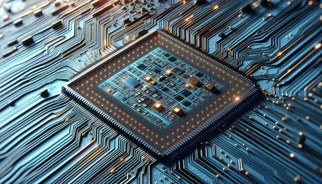 Primer plano de microchip de silicio con estructuras geométricas, patrones repetitivos y conexiones metálicas en tonos dorados y plateados sobre fondo azulado.