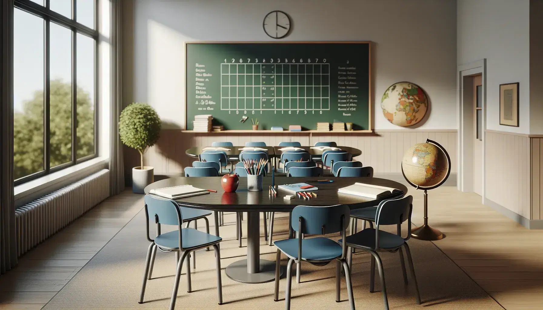 Aula luminosa con tavolo ovale in legno, sedie blu, mela rossa, globo, penna e quaderno su tavolo, lavagna verde e pianta.