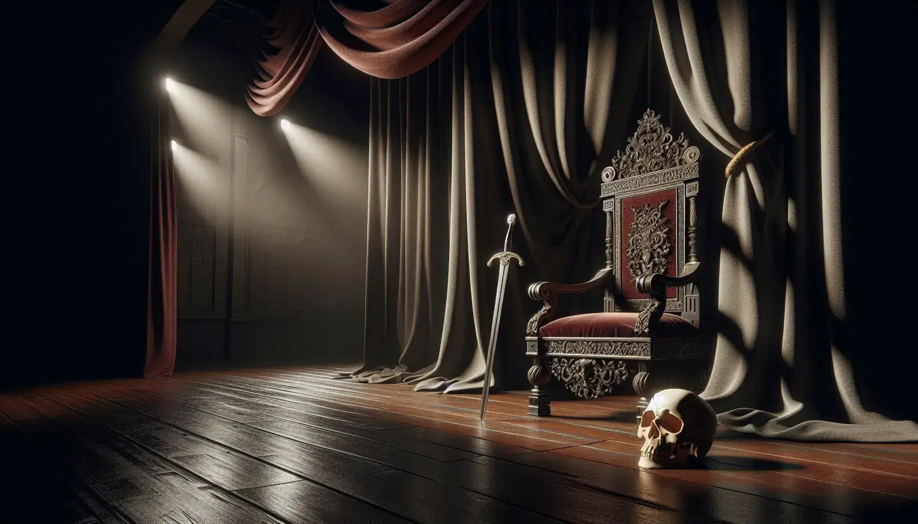 Scena teatrale con trono antico dorato al centro, teschio su cuscino rosso a destra e spada medievale a sinistra, illuminati da luci soffuse.