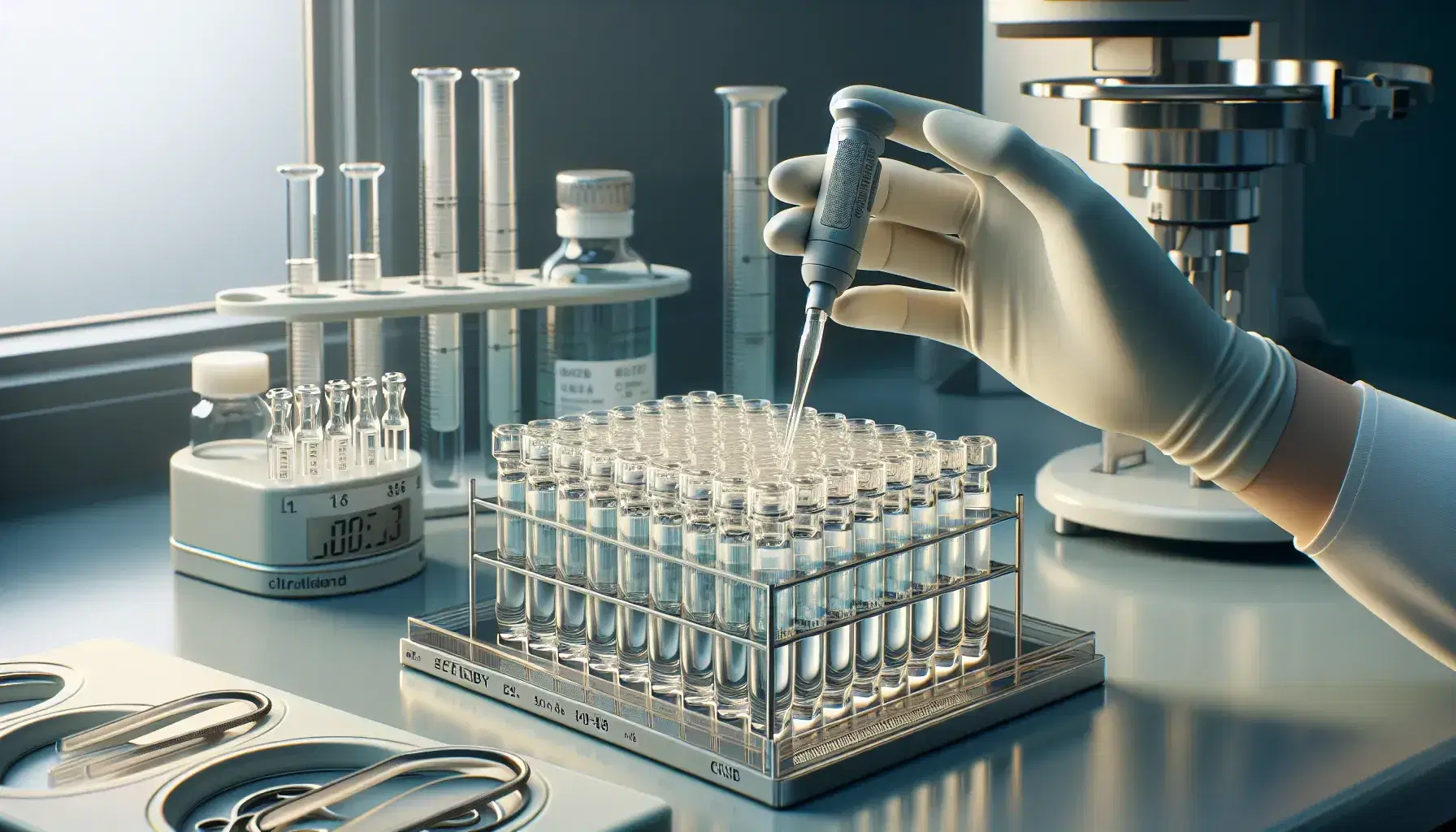 Sterile laboratory bench with a rack of colorless and faintly colored vials, a white pipette on a stand, a gloved hand holding a petri dish, and a centrifuge in the background.