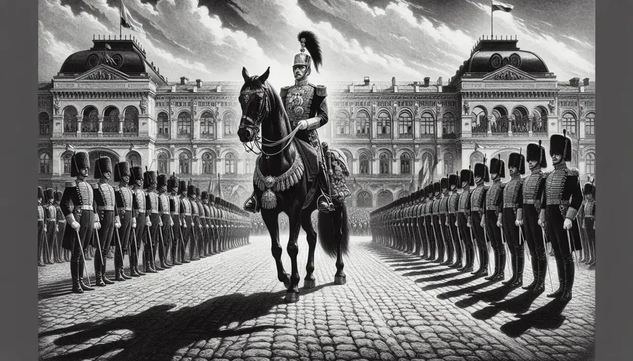 Ufficiali in uniforme militare d'epoca sfilano su viale alberato; comandante a cavallo saluta con elmo piumato, architettura europea sullo sfondo.