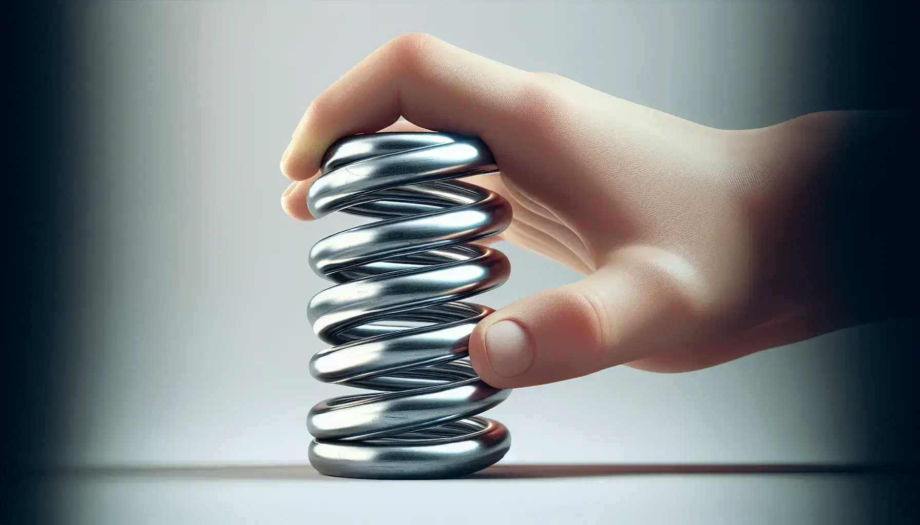 Close-up view of a compressed metallic coil spring with a human hand applying force, set against a light background and resting on a textured black surface.