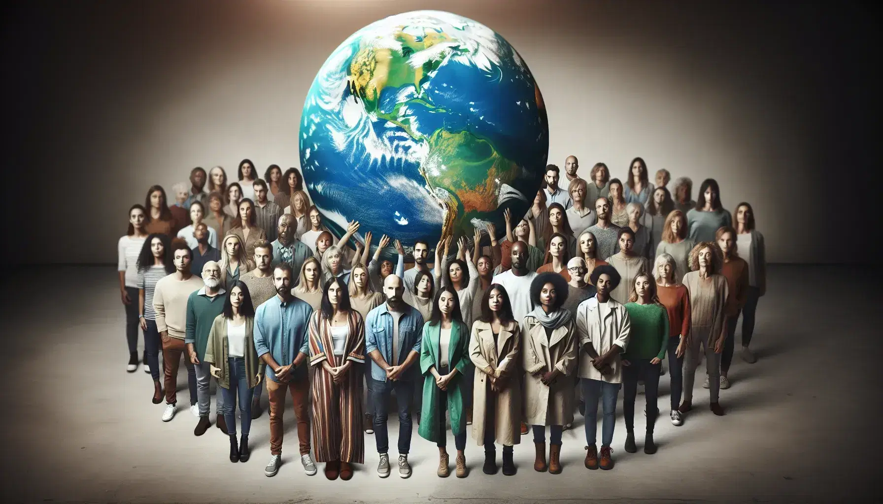 Grupo diverso sosteniendo un globo terráqueo simbolizando la unidad y responsabilidad por el cuidado del planeta, con expresiones serias y atuendos casuales.