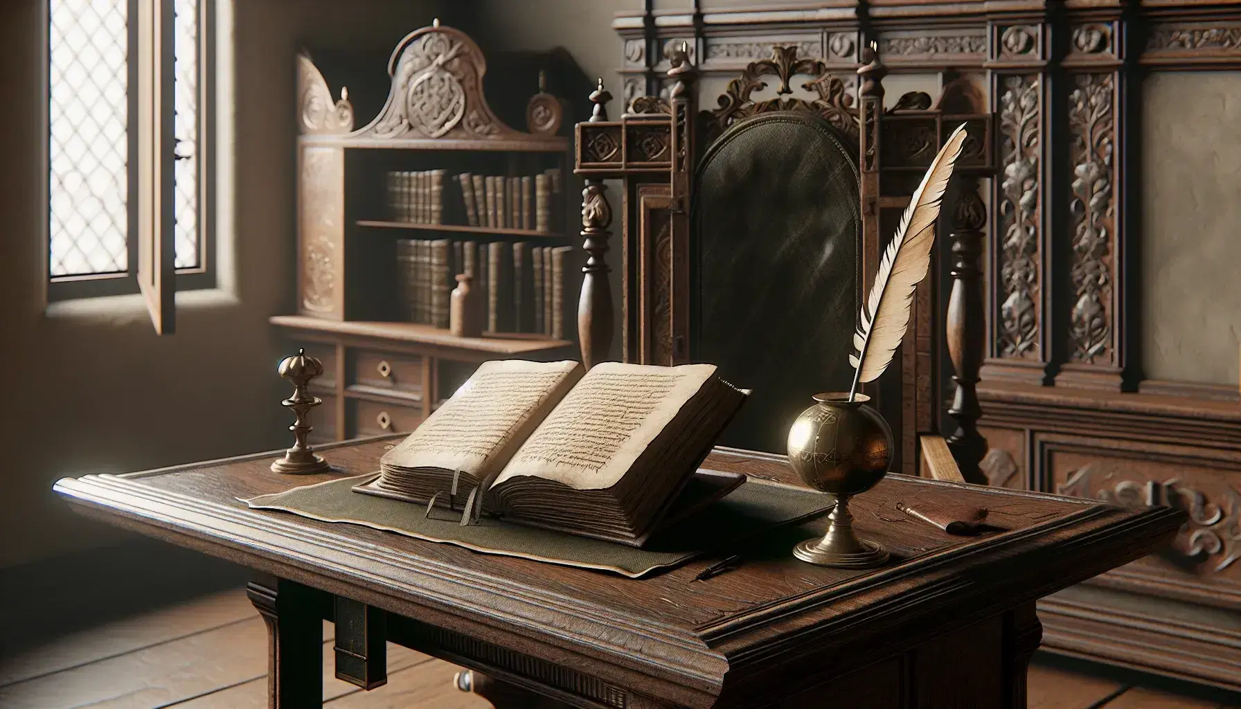 16th-century study room with a wooden desk, open book, feather quill in inkwell, high-backed chair, closed globe stand, and bookshelf with leather-bound books.