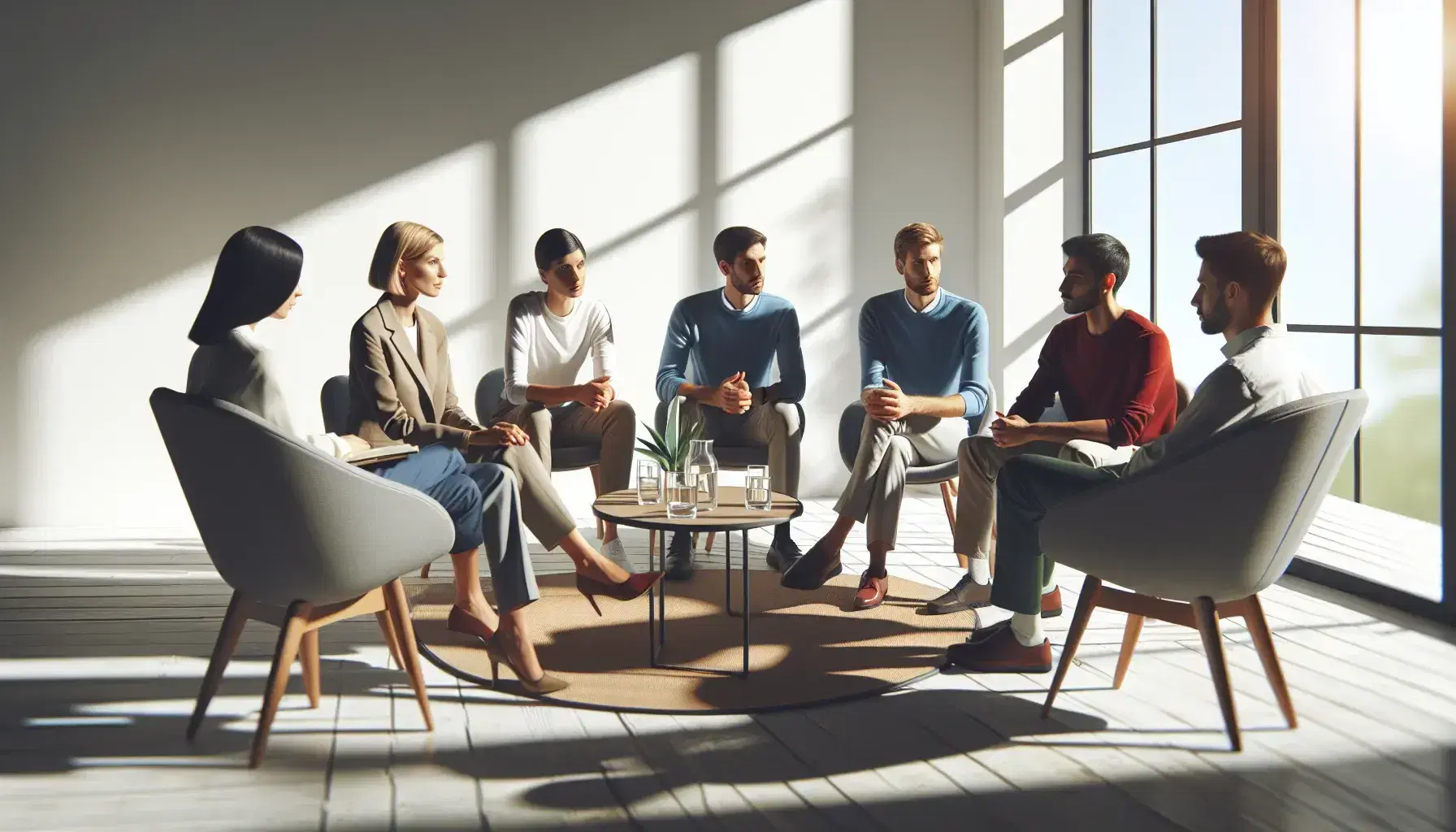 Group of six people, three Caucasian women and three Middle Eastern men, in a group discussion, sitting in a circle in a minimalist room.