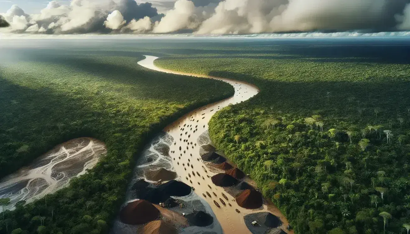 Vista aérea de la selva amazónica en Colombia con un río serpenteante, botes de madera y personas junto a montones de tierra extraída.