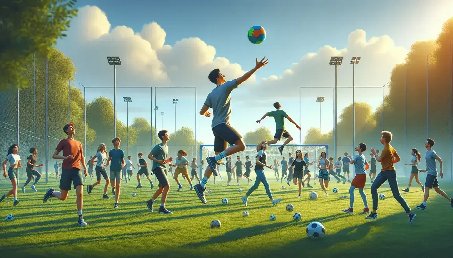 Estudiantes diversos jugando y haciendo ejercicio en un campo verde bajo un cielo azul, uno saltando para atrapar un frisbee.