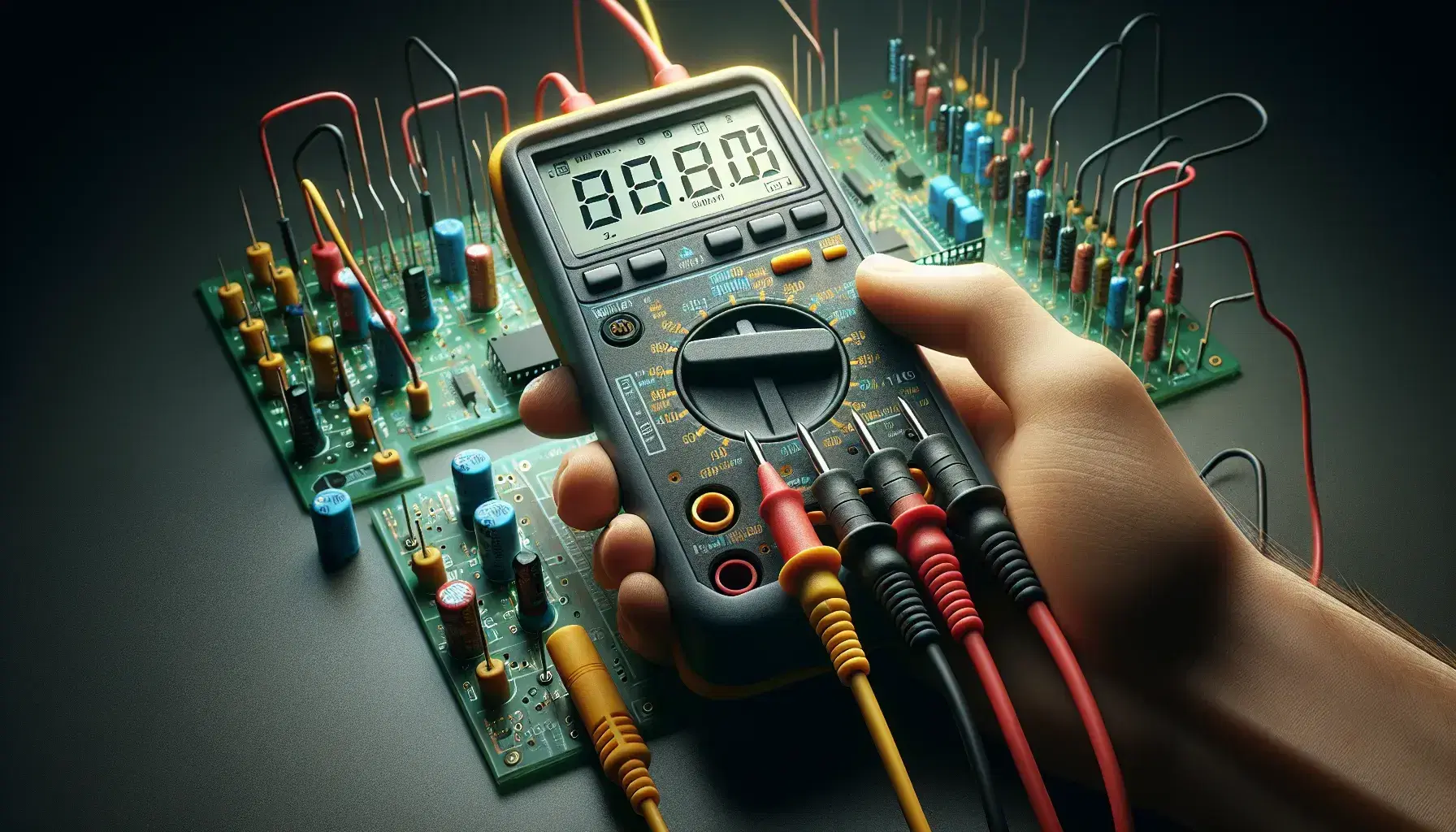 Mano sosteniendo un multímetro digital con cables de prueba sobre una placa de circuito impreso con resistencias y capacitores, destacando la medición y el diagnóstico electrónico.