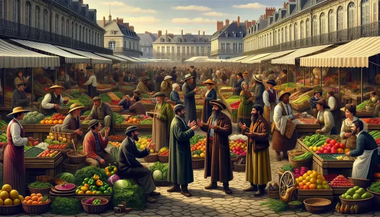Vibrant outdoor market scene with diverse vendors and shoppers, fresh produce on display, and lively multilingual conversations in a French-speaking society.
