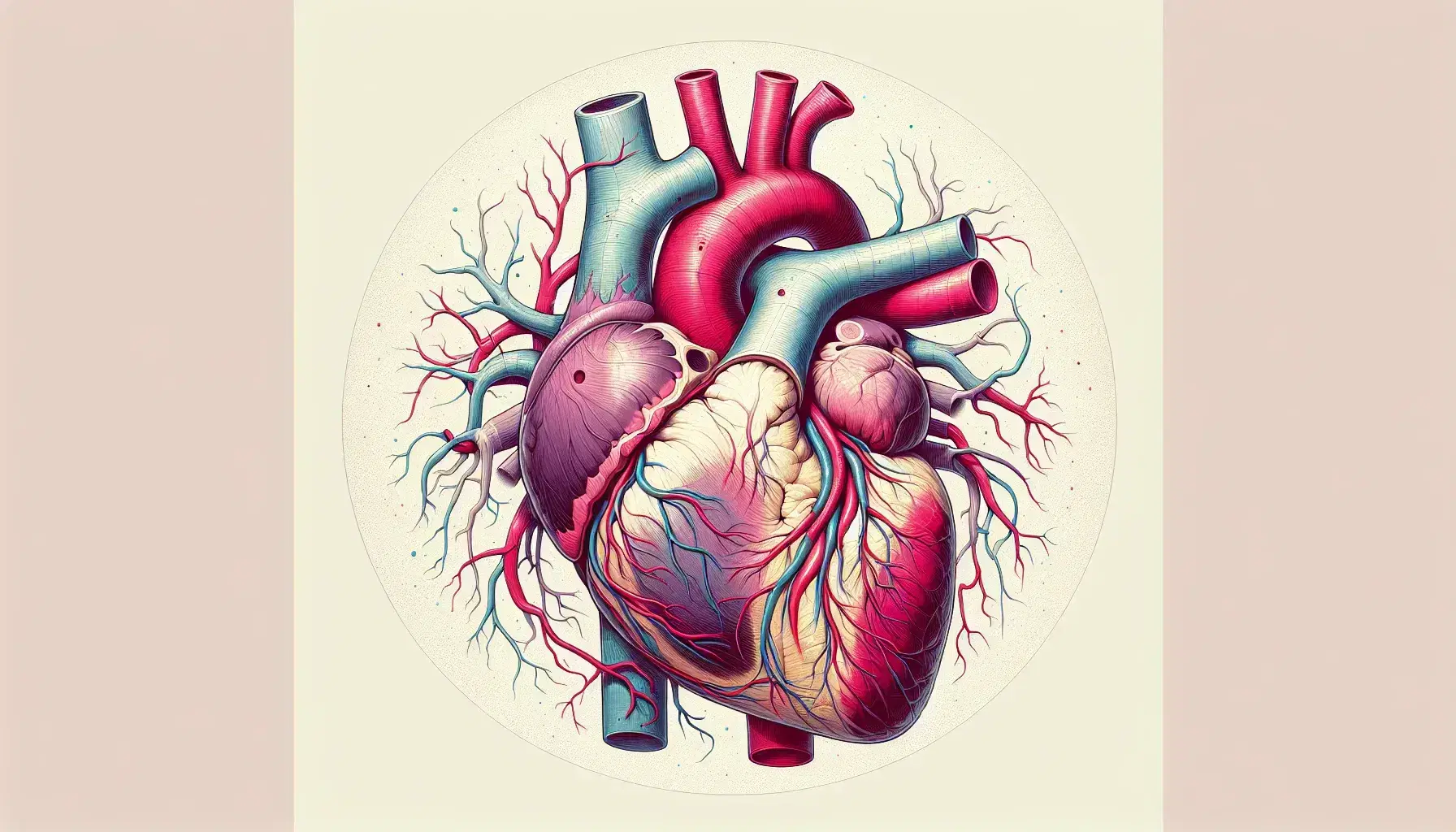 Sezione trasversale dettagliata di un cuore umano colorato, con camere e muscoli evidenziati, circondato da organi in toni grigi su sfondo neutro.