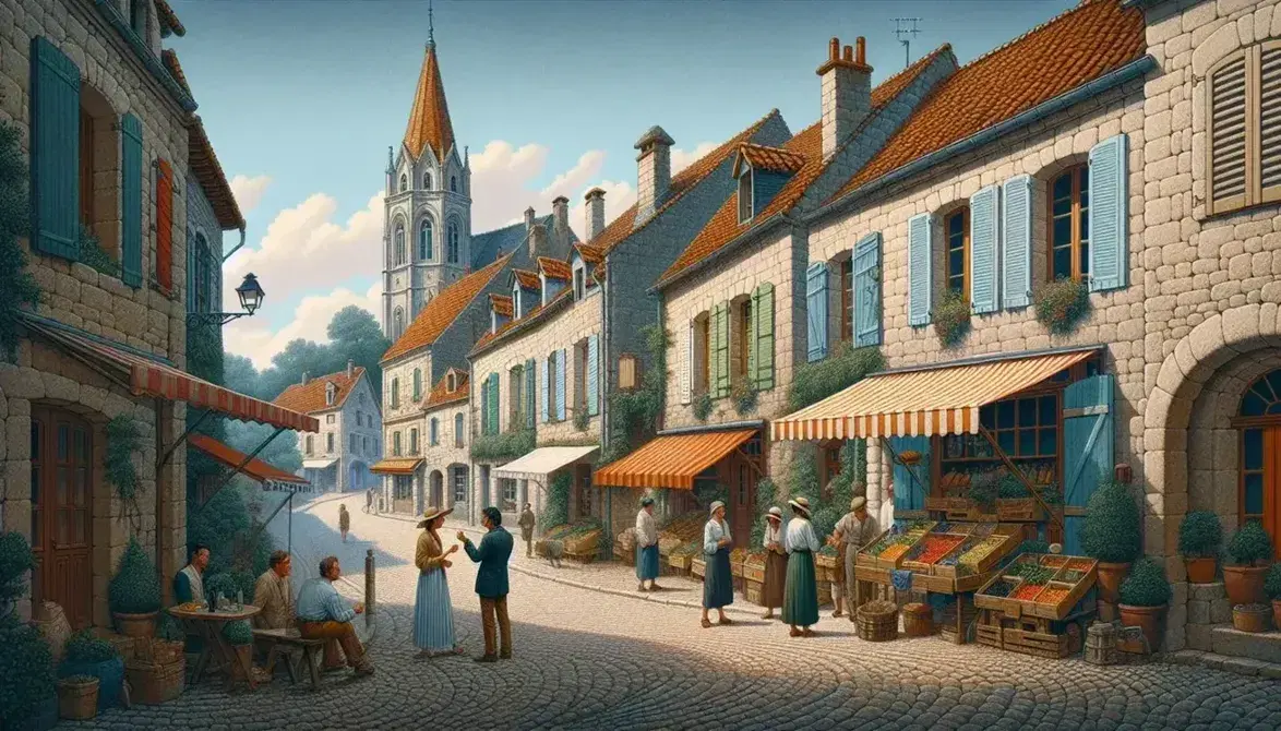 Quaint French village street with stone houses, terracotta roofs, colorful shutters, diverse locals chatting, and a market with fresh produce.