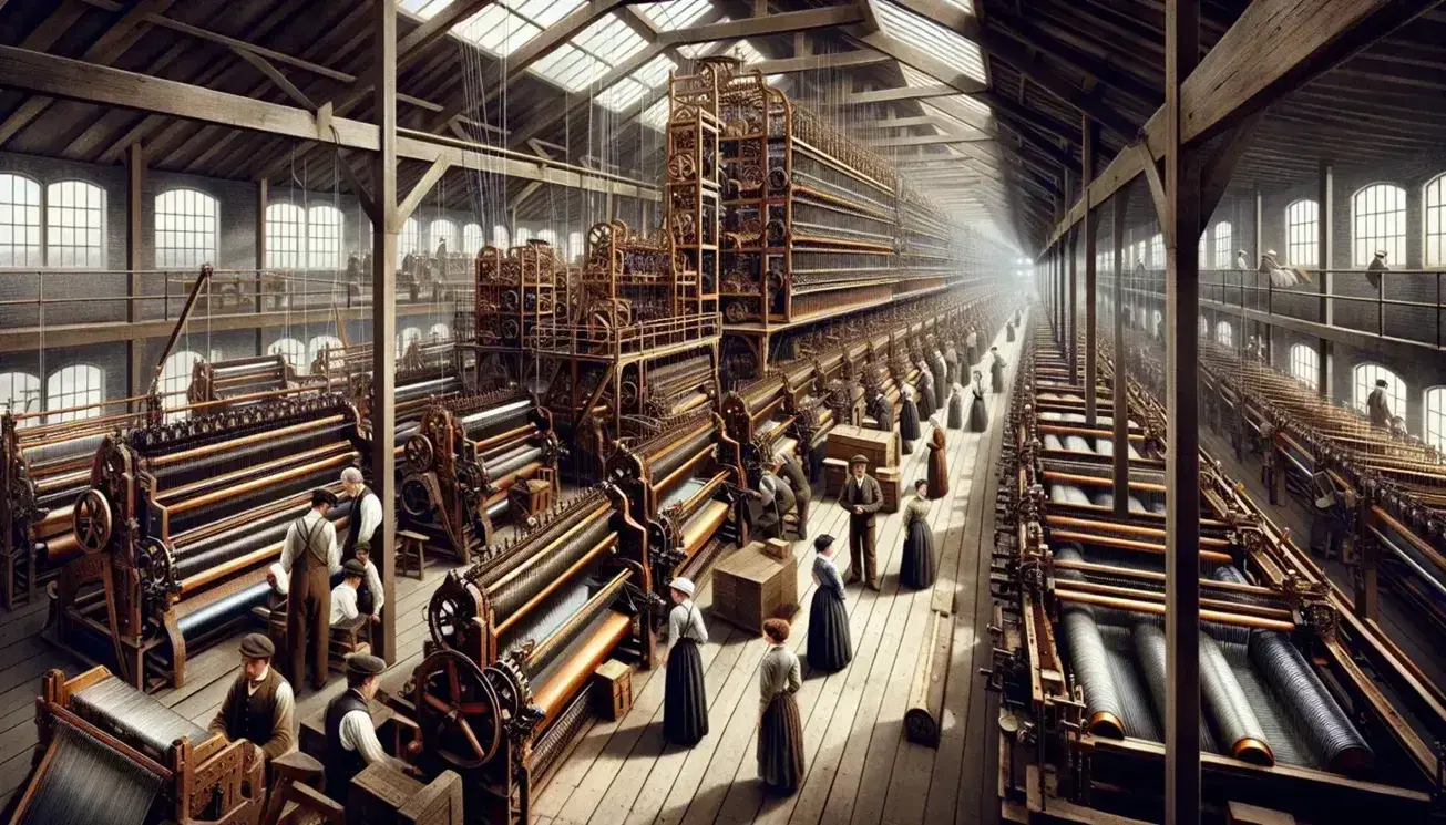 Fábrica textil de la Revolución Industrial con trabajadores operando telares mecánicos de madera y metal, iluminada por luz natural.
