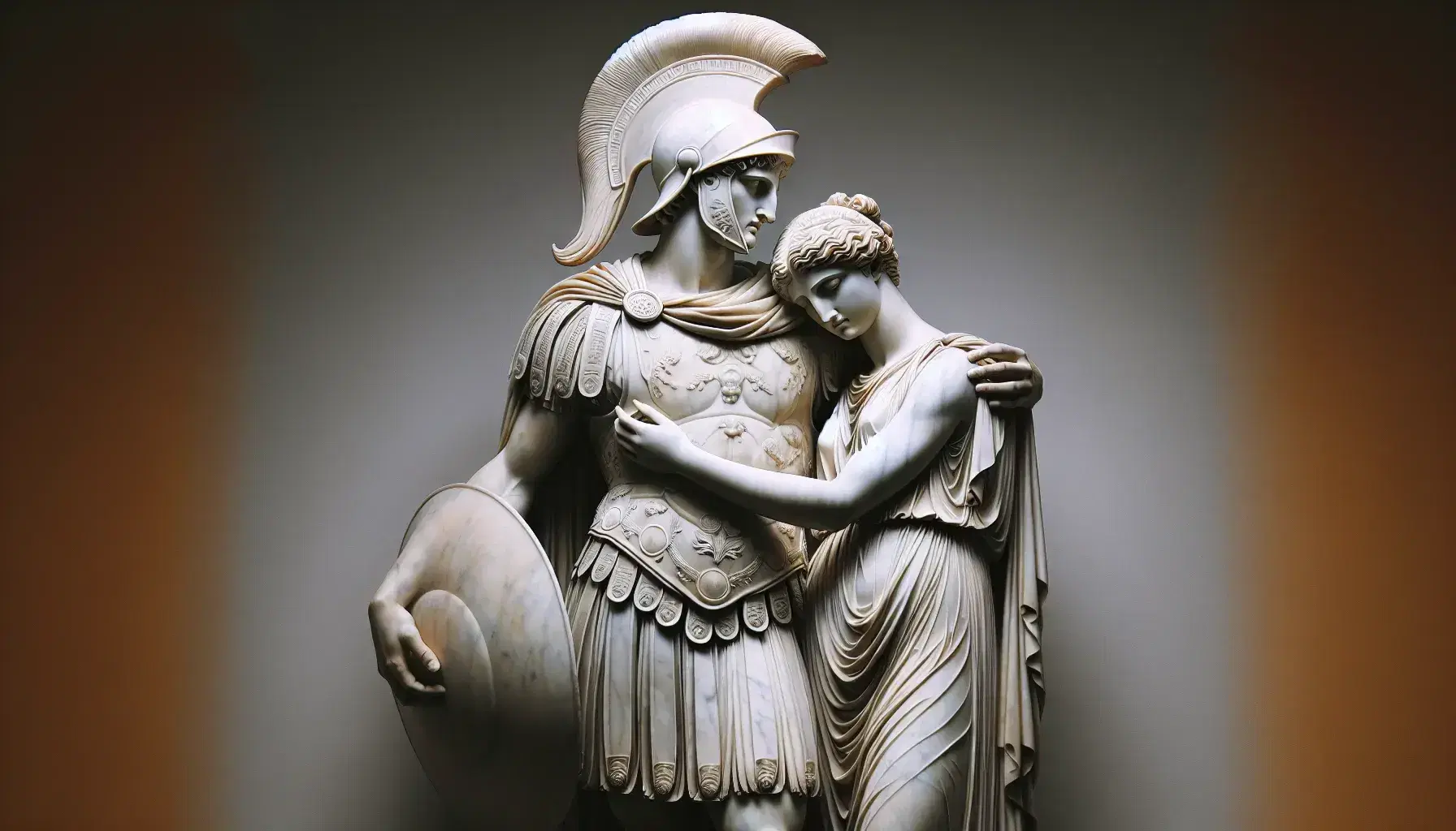 Statua in marmo di guerriero greco in armatura con donna abbracciata, espressioni serene e malinconiche, dettagli finemente scolpiti.