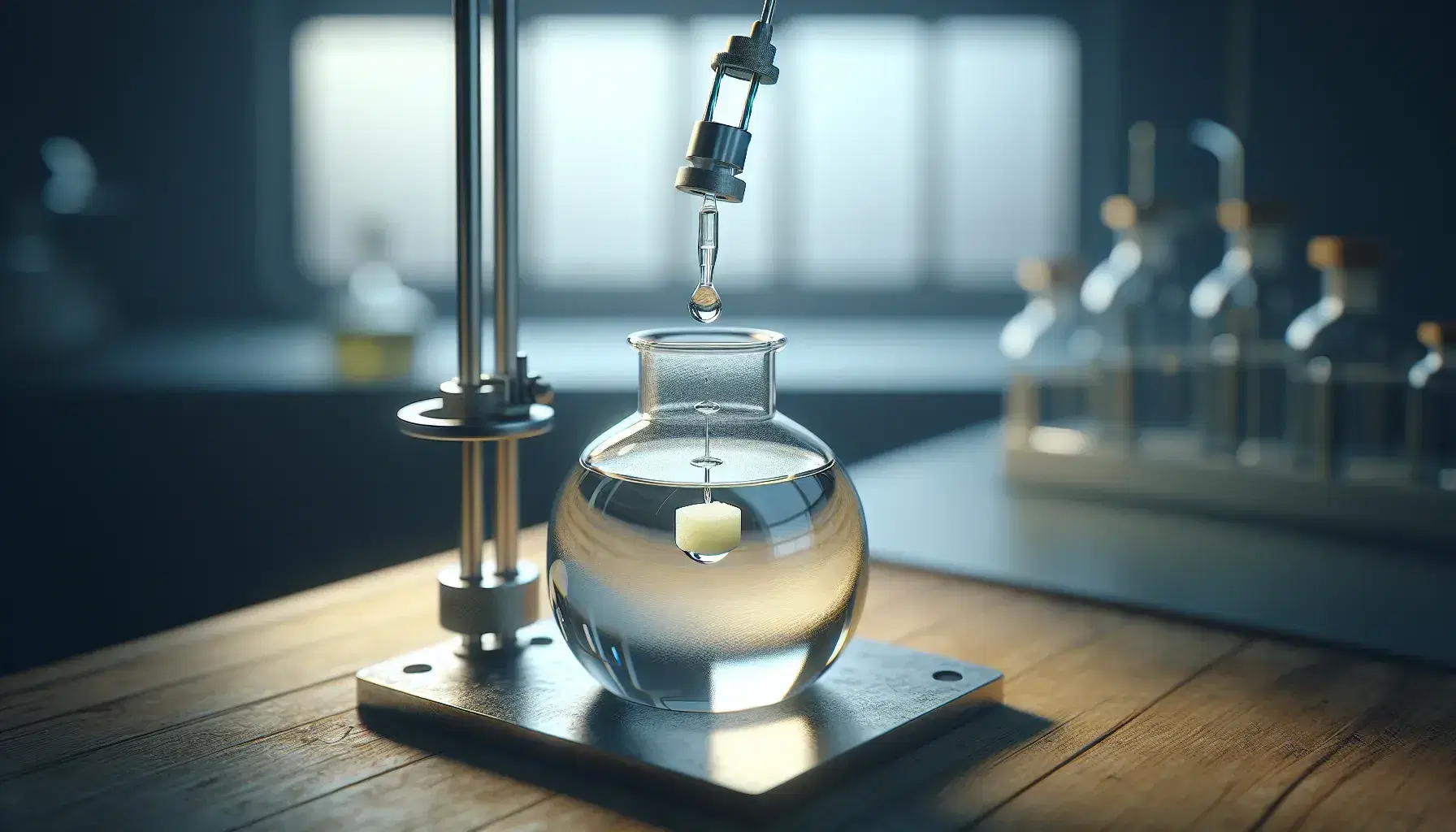 Glass flask on laboratory bench with pale yellow liquid and white solid in suspension, dropper releases one drop.