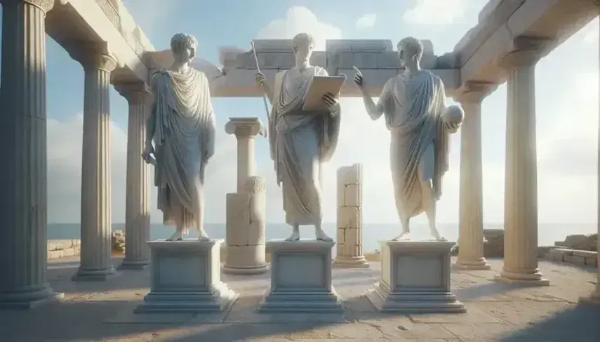 Estatuas de mármol blanco de figuras masculinas con túnicas en posturas de oratoria y estudio, sosteniendo un pergamino, una esfera y una vara, ante ruinas antiguas bajo cielo azul.
