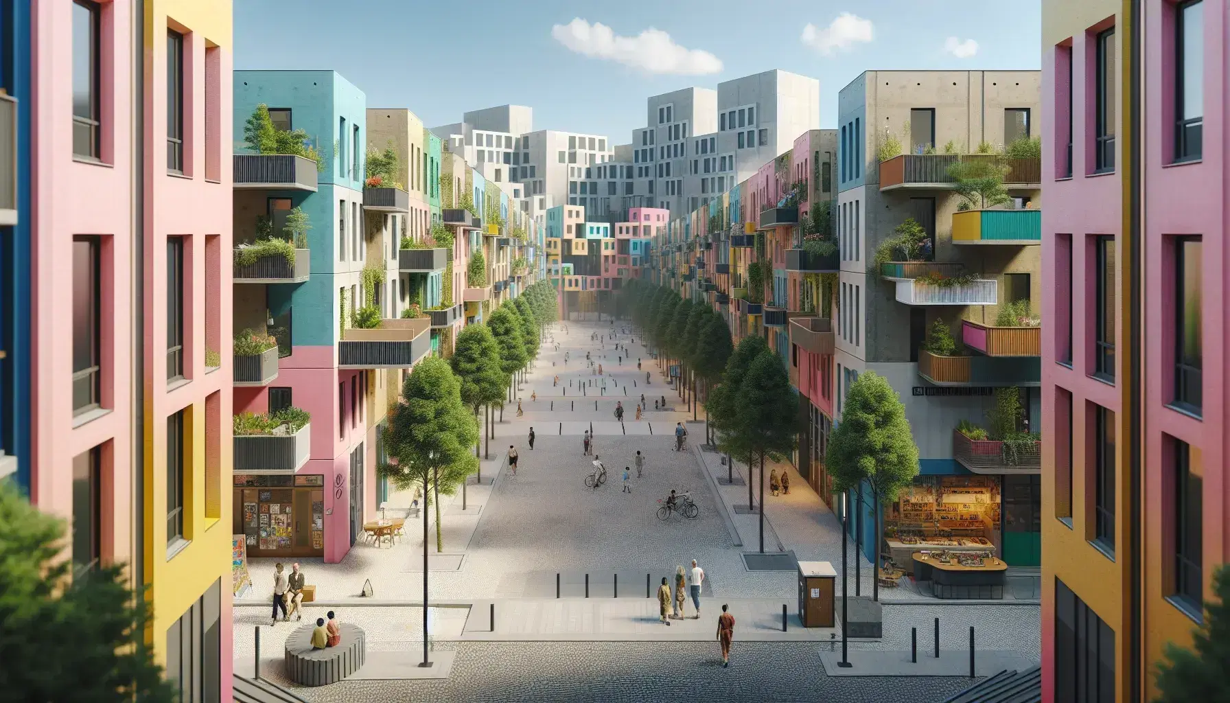 Vista de un barrio colorido con arquitectura diversa, calle empedrada y personas paseando en un día soleado, rodeados de árboles y edificios con fachadas de tonos pastel.