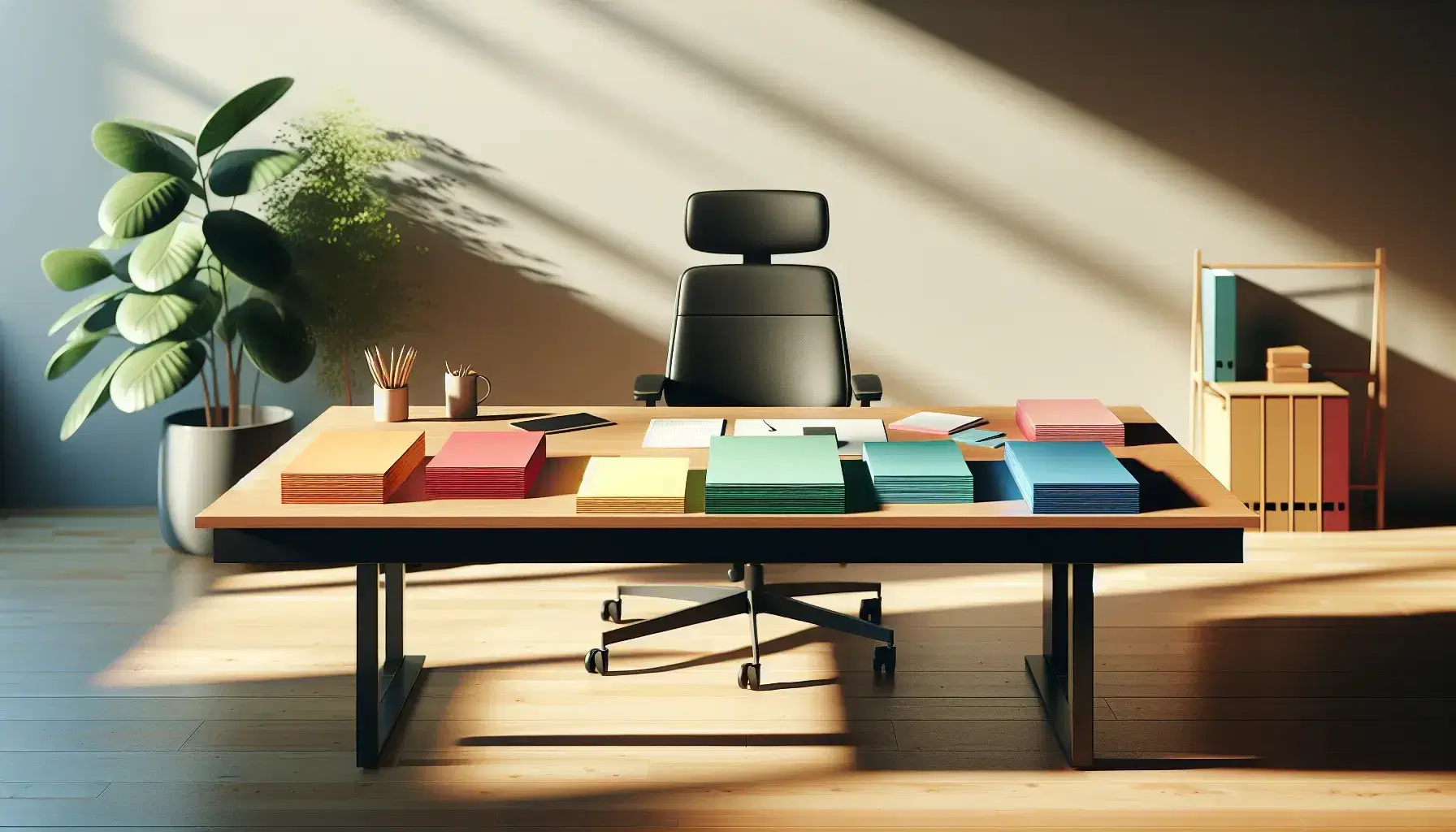 Wooden desk with colorful stacks of paper, black ergonomic chair, green plant and matching bookcases in bright and tidy office.