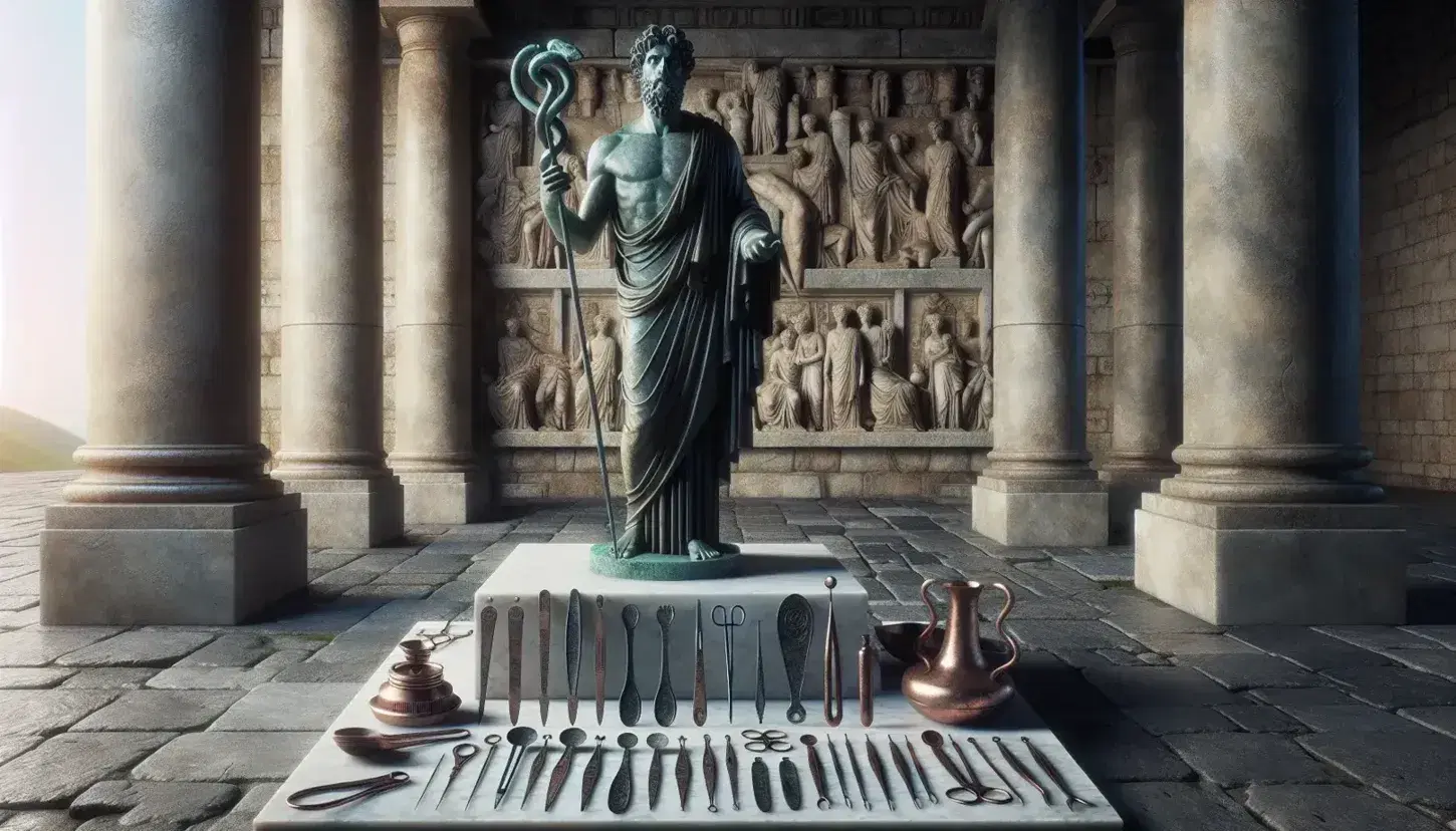 Statua di bronzo di Asclepio con bastone e serpente in tempio antico, attrezzi medici sparsi e bassorilievi sulle pareti, luce naturale.