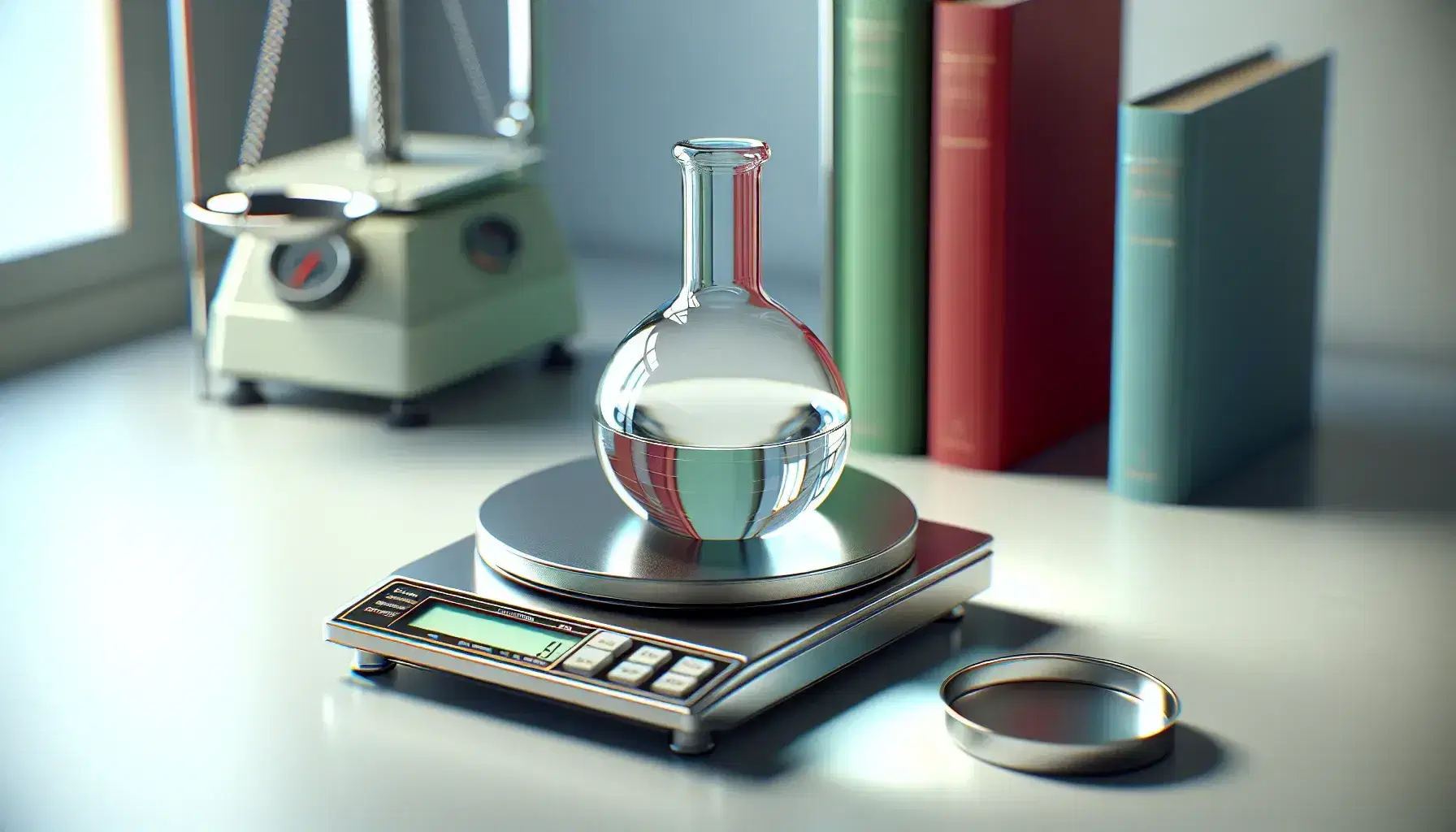 Close-up view of a laboratory round-bottom flask with clear liquid on a white surface, precision scales with petri dish, and a stack of red, green, blue books.