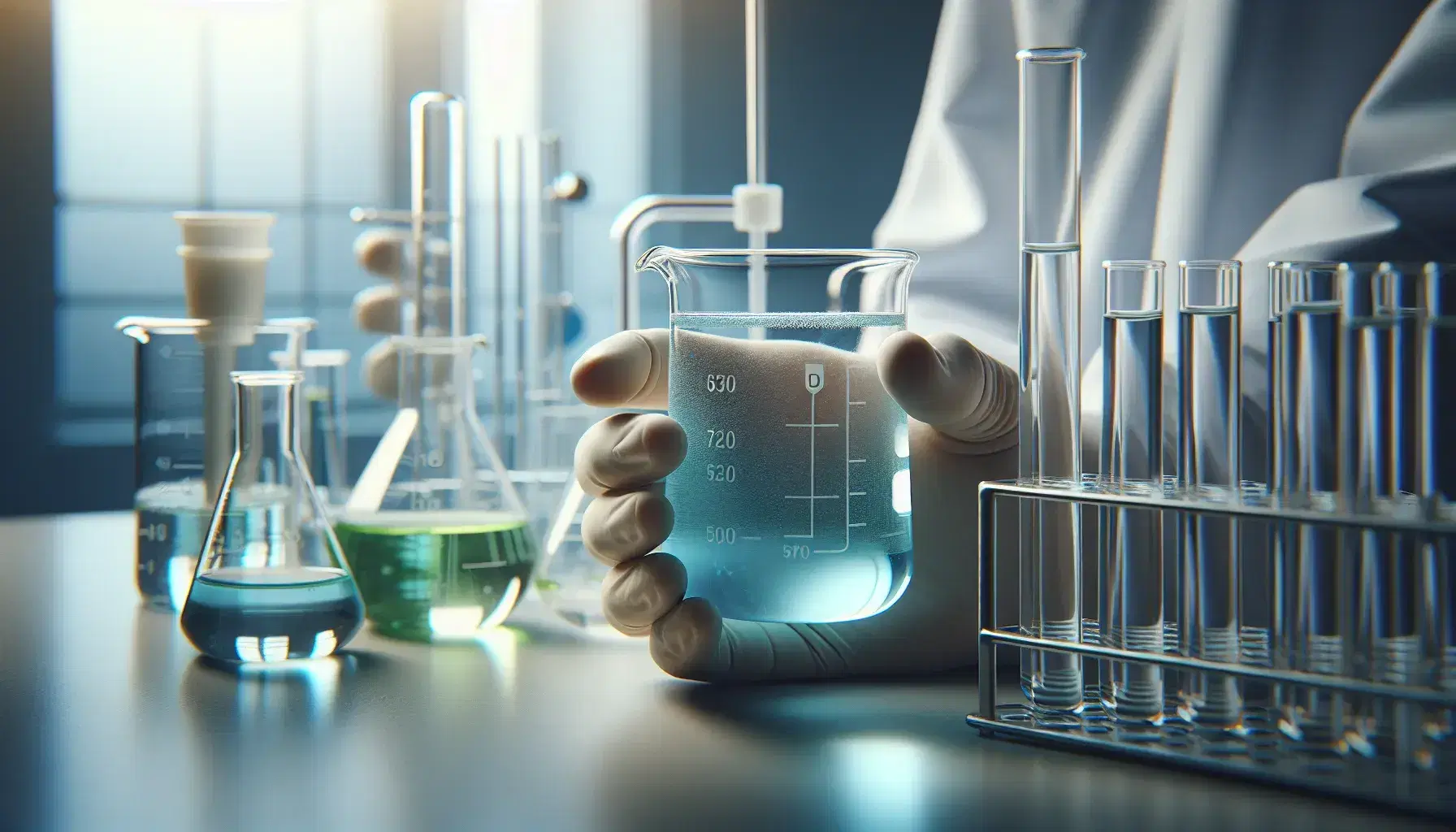Hand with white latex glove holds glass beakers with blue liquid in laboratory, background with test tubes and containers with colored liquids.