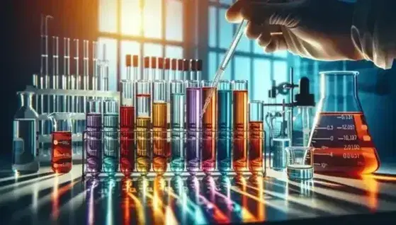 Laboratorio scientifico luminoso con provette contenenti liquidi colorati su rack e mano con pipetta.