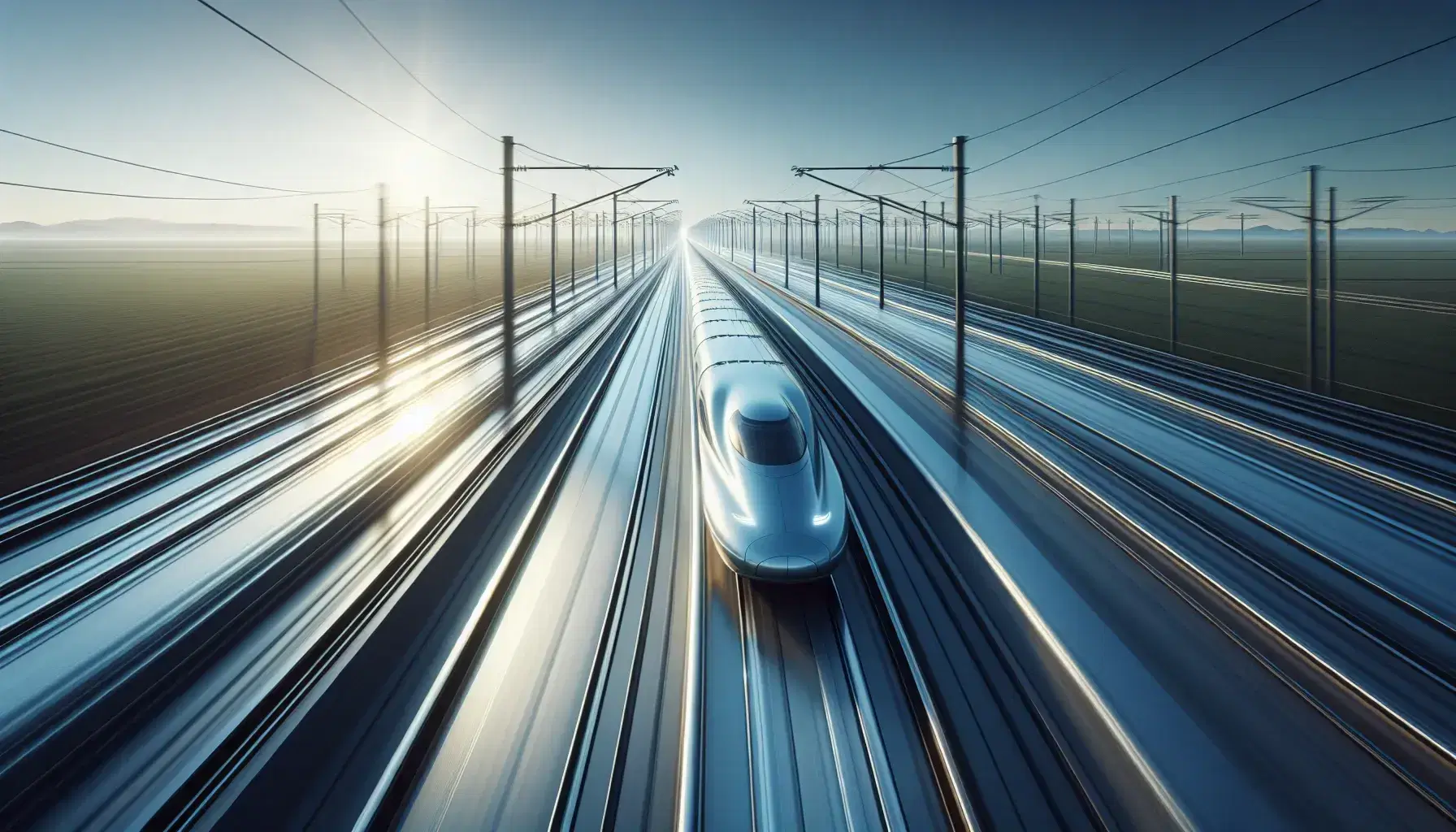 Streamlined bullet train in motion on a metallic track through a rural landscape, with overhead power lines against a clear blue sky.