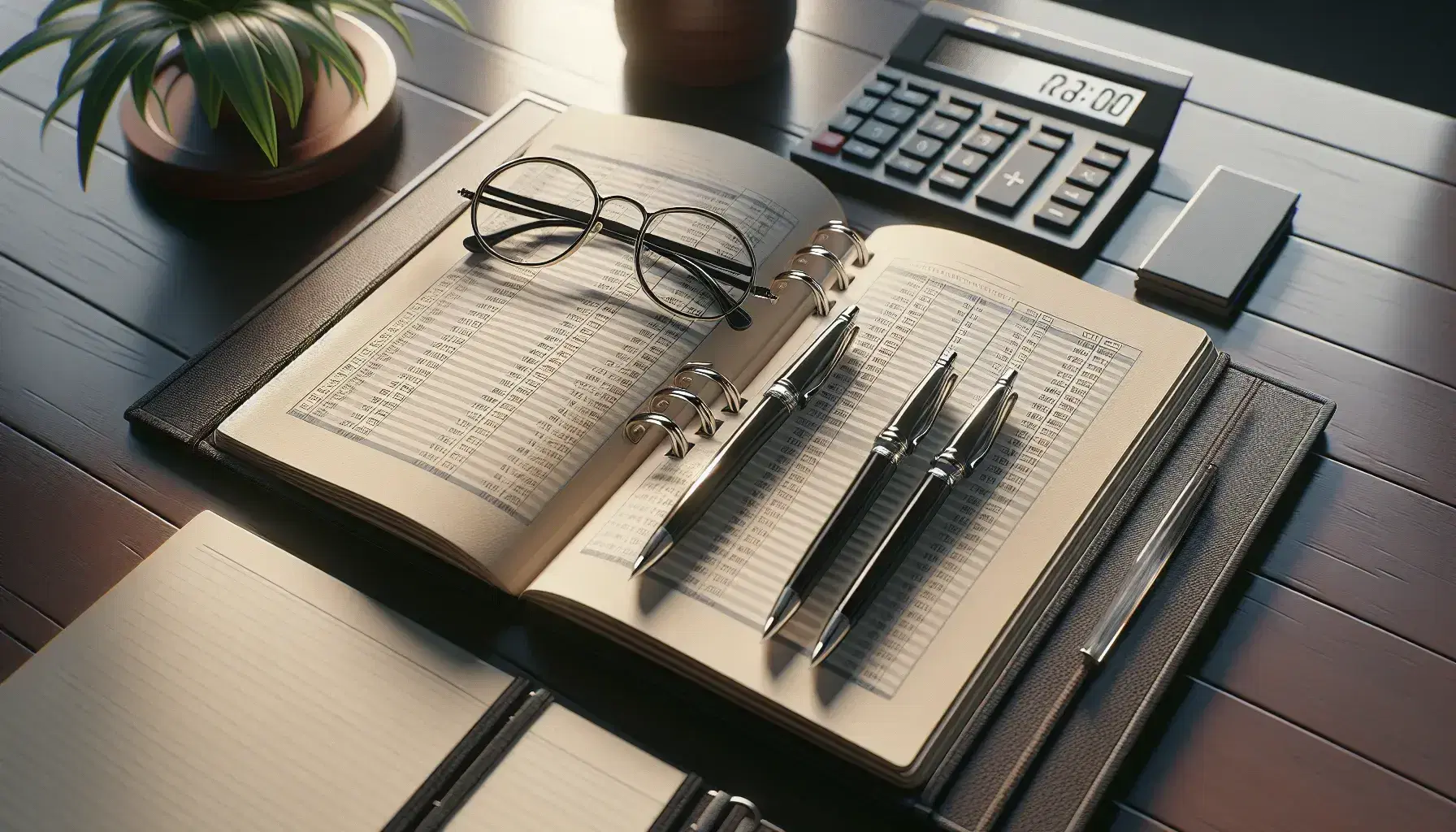 Scrivania in legno scuro con libro mastro aperto, calcolatrice spenta, set di penne stilografiche e occhiali con riflessi, pianta verde sfocata sullo sfondo.