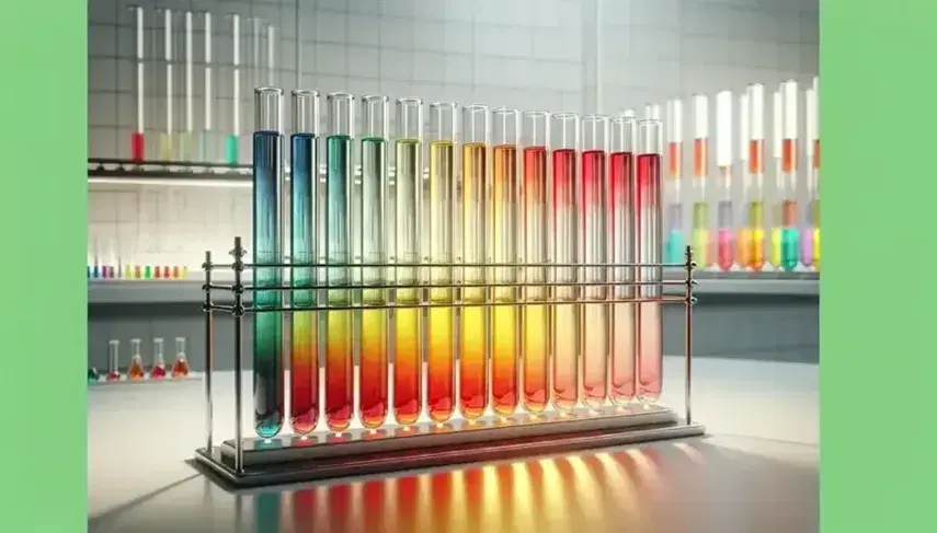 Tubi da laboratorio trasparenti su supporto metallico con liquidi colorati in gradazione dal rosso acceso al giallo pallido, illuminati e senza etichette.