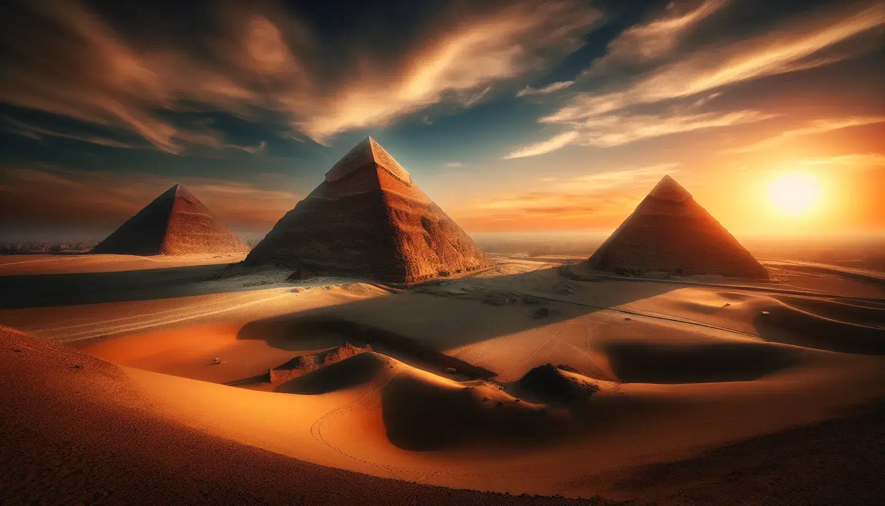 Vista panoramica del complesso delle piramidi di Giza al tramonto con cielo sfumato arancione e rosa, lunghe ombre sulle dune.