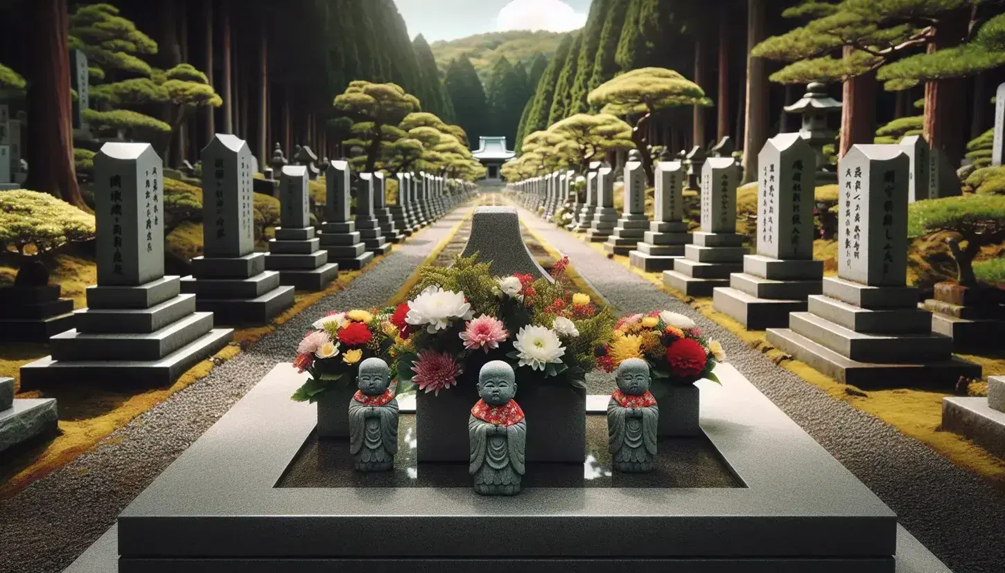 Tumba japonesa con ofrendas florales y estatuas de Jizo en fila, bajo un cielo azul claro y rodeado de árboles verdes, transmitiendo paz y respeto.