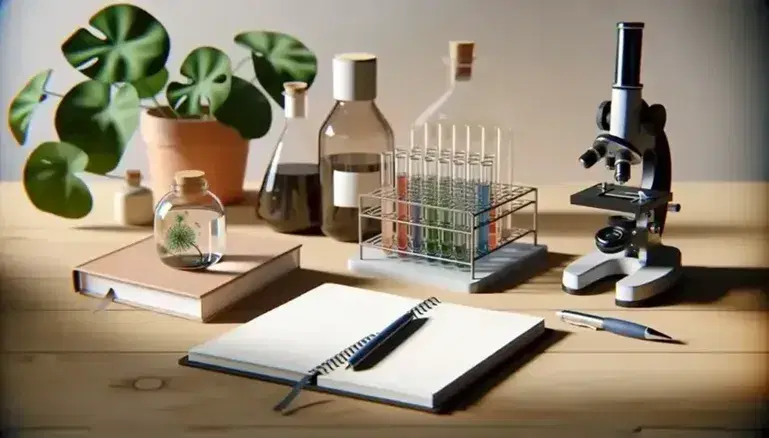 Microscopio negro y plateado en mesa de madera con cuaderno, pluma azul, frasco de vidrio y tubos de ensayo con líquidos de colores en estante, junto a planta verde.