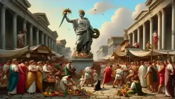 Scena di mercato romano festivo con statua di Saturno, persone in toga, offerte di frutta e venatio con cinghiale.
