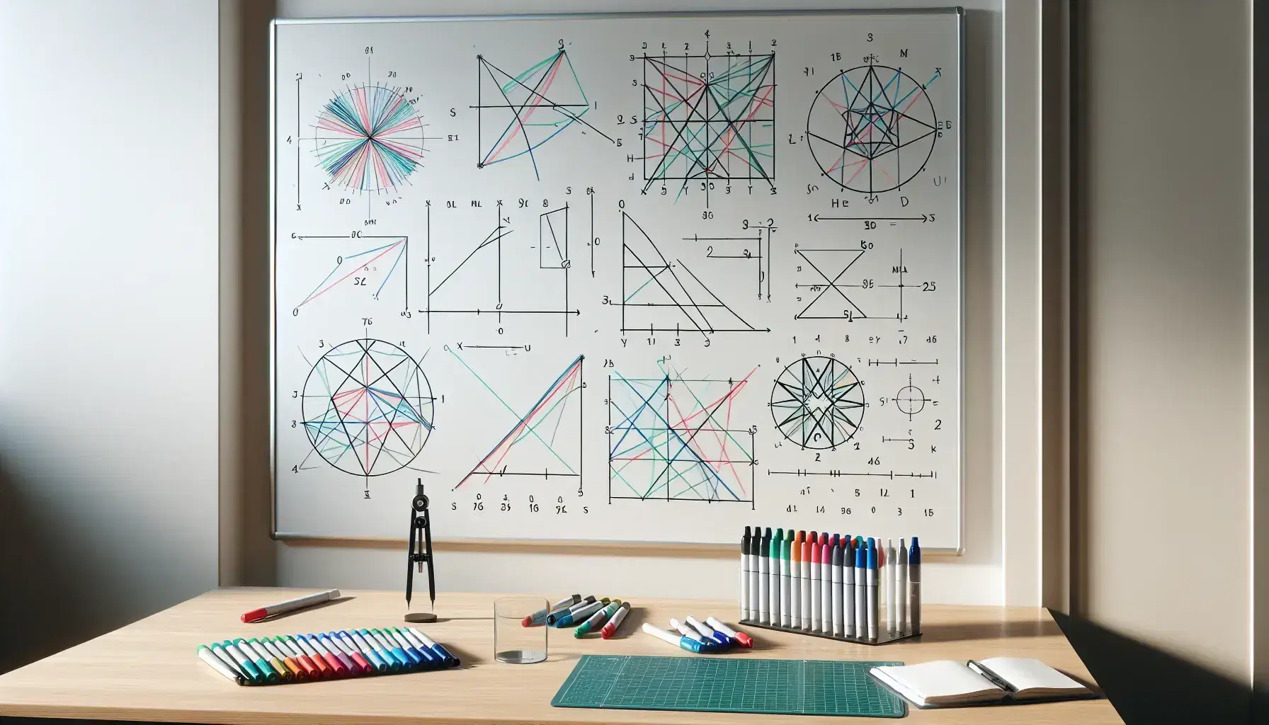 Pizarra blanca brillante con líneas de marcadores de colores formando polígonos geométricos, regla transparente y compás metálico sobre mesa de madera clara.