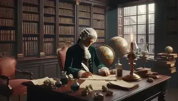 Biblioteca settecentesca con scrivania in mogano, calamaio d'argento, uomo in abito d'epoca che scrive, globo terrestre e tappeto persiano.
