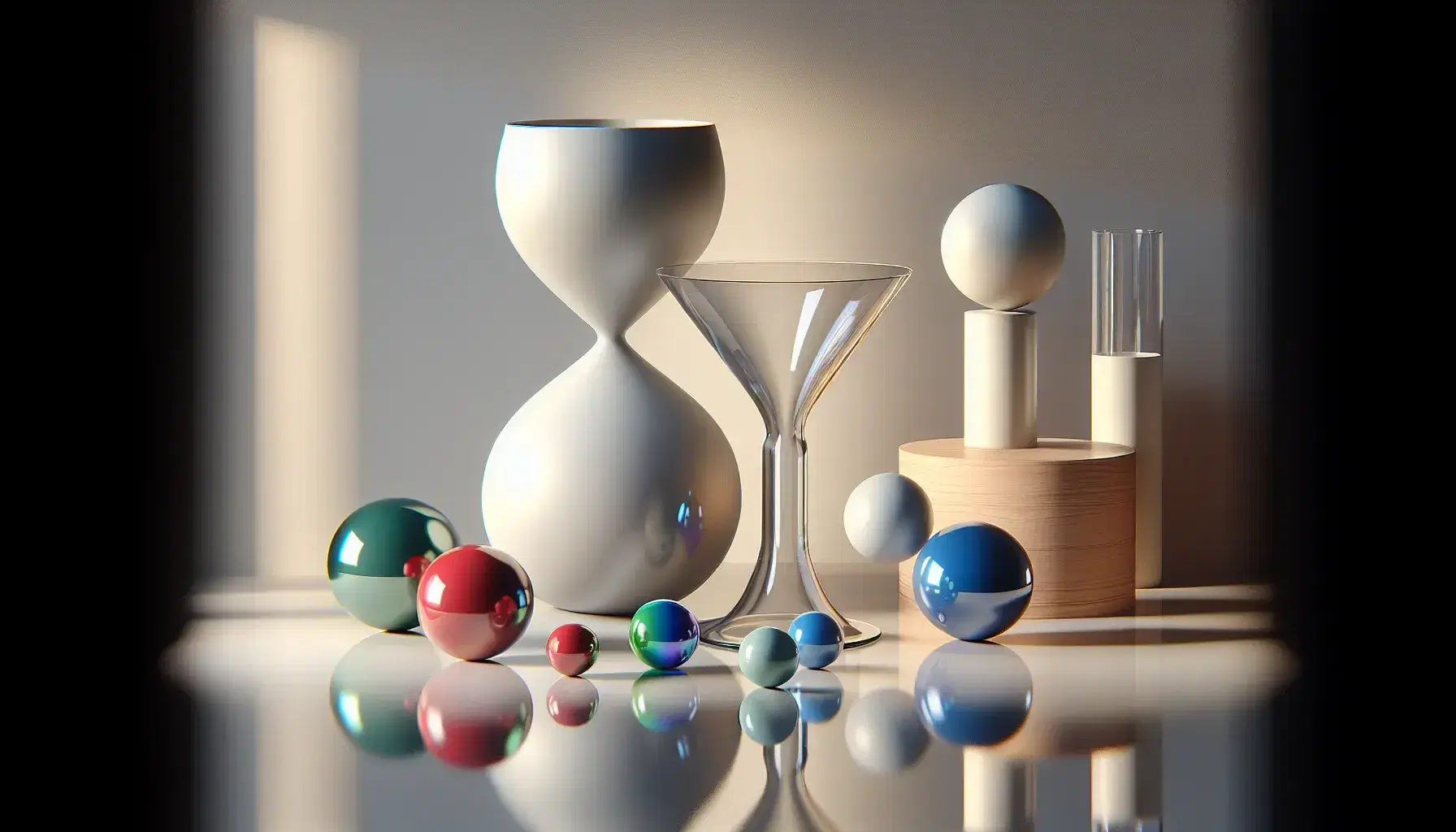 Collection of 3D objects on reflective surface, including a white hourglass-shaped vase, colorful spheres, a transparent wine glass, and a wooden bowl.