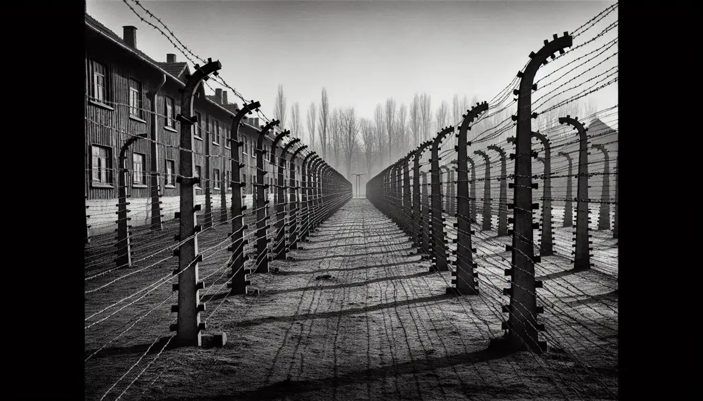 Remnants of a WWII concentration camp with rusted barbed wire, crumbling barracks, and bare trees against a bleak, overcast sky.