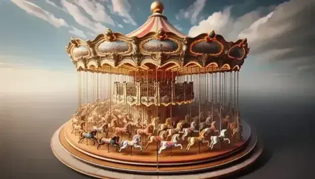 Carrusel en movimiento con techo cónico a rayas rojas y blancas, figuras de caballos de madera pintados y cielo azul de fondo.