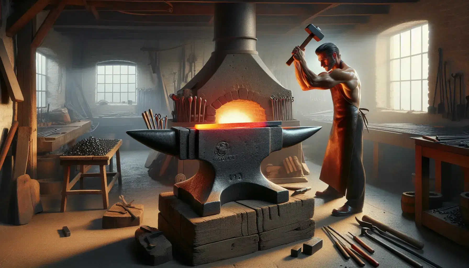 Herrero en forja tradicional preparándose para golpear barra de metal al rojo vivo sobre yunque, con fuego de fragua al fondo.