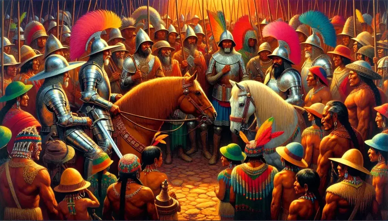 Incontro tra conquistadores spagnoli in armature luccicanti e indigeni americani con abiti colorati e piume, in un paesaggio naturale.