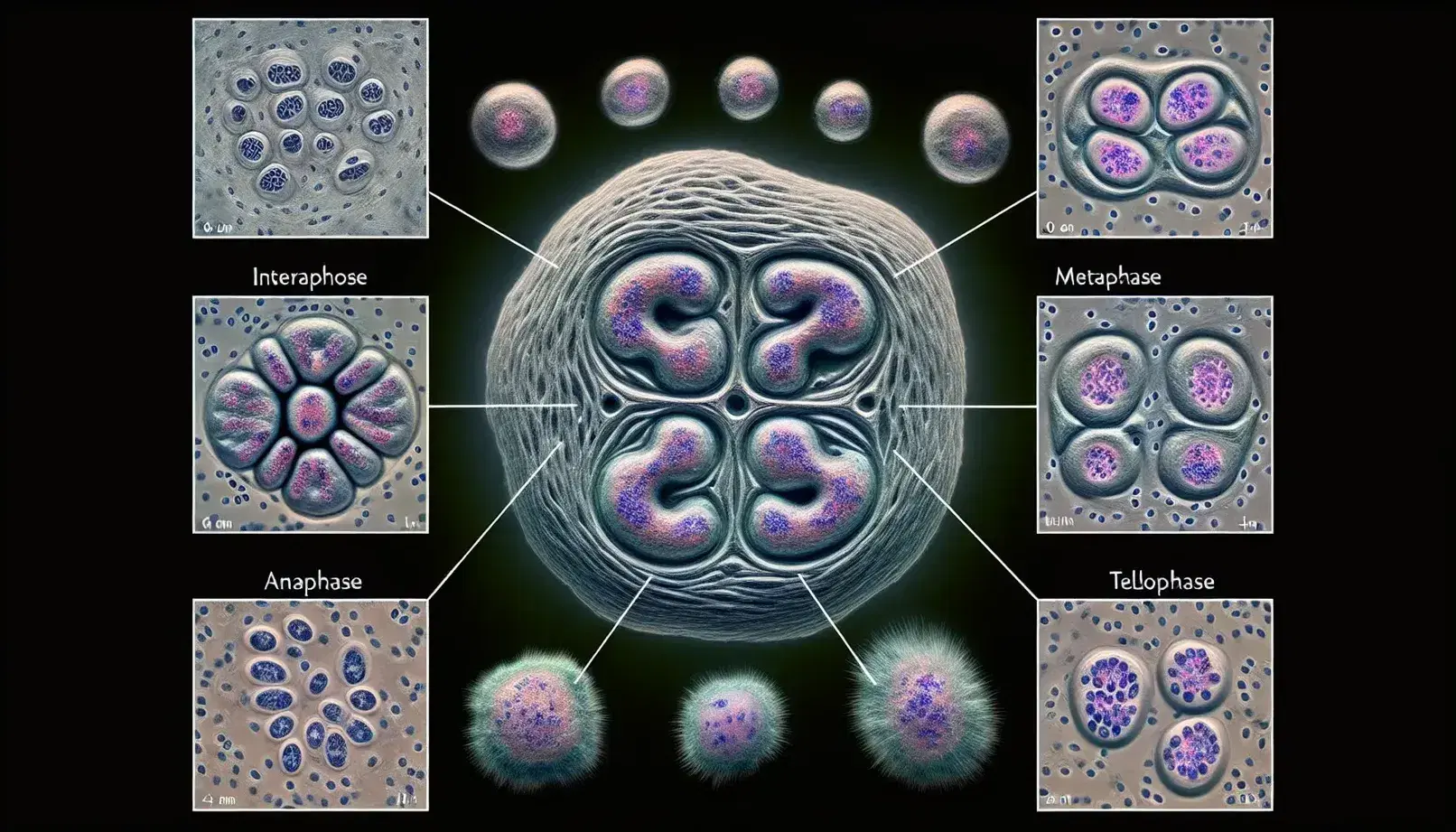 Célula central mostrando fases de mitosis: prophase, metaphase, anaphase y telophase, con células en interphase alrededor, teñidas en azul y morado bajo microscopio óptico.